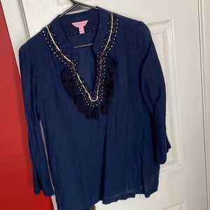 Lilly pulitzer gold and fringe detail linen top, medium.